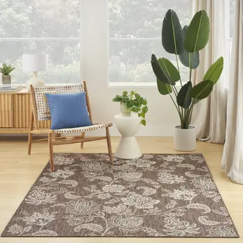 4' X 6' Brown And Ivory Floral Indoor Outdoor Area Rug