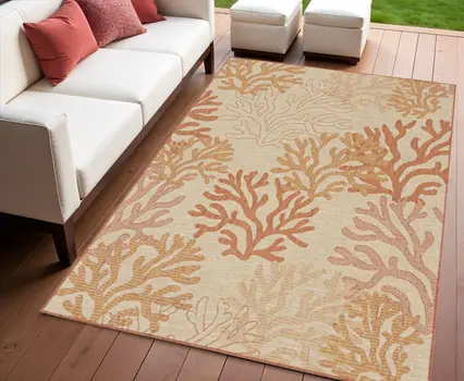 4' X 6' Coral And Beige Nautical Indoor Outdoor Area Rug