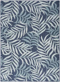 5' X 7' Navy Blue Sky Blue And Ivory Palm Leaf Indoor Outdoor Area Rug