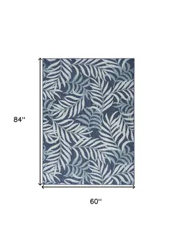 5' X 7' Navy Blue Sky Blue And Ivory Palm Leaf Indoor Outdoor Area Rug