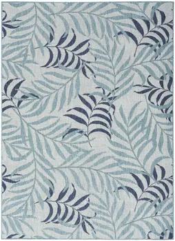 5' X 7' Navy Blue Ivory And Blue Palm Leaf Indoor Outdoor Area Rug