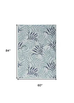 5' X 7' Navy Blue Ivory And Blue Palm Leaf Indoor Outdoor Area Rug