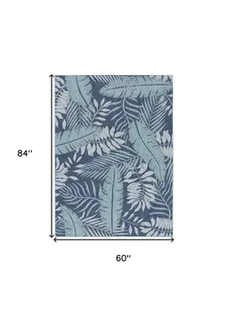 5' X 7' Navy Blue Sky Blue And Ivory Palm Leaf Indoor Outdoor Area Rug