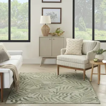 5' X 7' Ivory And Green Palm Leaf Indoor Outdoor Area Rug