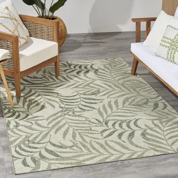 5' X 7' Ivory And Green Palm Leaf Indoor Outdoor Area Rug