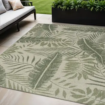 5' X 7' Ivory And Green Palm Leaf Indoor Outdoor Area Rug