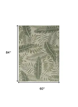 5' X 7' Ivory And Green Palm Leaf Indoor Outdoor Area Rug