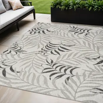 5' X 7' Gray Black And Ivory Palm Leaf Indoor Outdoor Area Rug