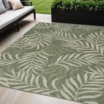 5' X 7' Ivory And Green Palm Leaf Indoor Outdoor Area Rug