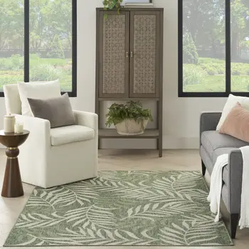 5' X 7' Ivory And Green Palm Leaf Indoor Outdoor Area Rug