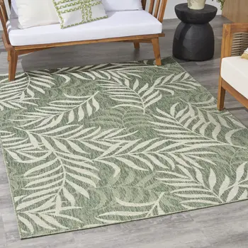 5' X 7' Ivory And Green Palm Leaf Indoor Outdoor Area Rug