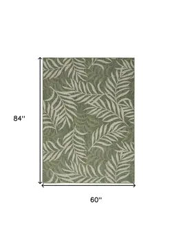 5' X 7' Ivory And Green Palm Leaf Indoor Outdoor Area Rug