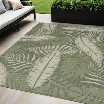5' X 7' Ivory And Green Palm Leaf Indoor Outdoor Area Rug