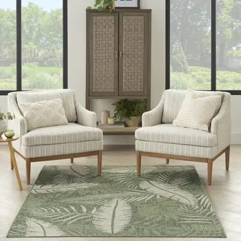 5' X 7' Ivory And Green Palm Leaf Indoor Outdoor Area Rug