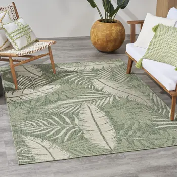 5' X 7' Ivory And Green Palm Leaf Indoor Outdoor Area Rug