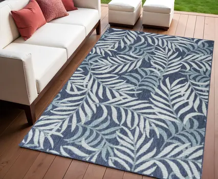 4' X 6' Navy Blue Sky Blue And Ivory Palm Leaf Indoor Outdoor Area Rug