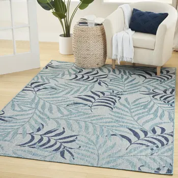 4' X 6' Navy Blue Ivory And Blue Palm Leaf Indoor Outdoor Area Rug