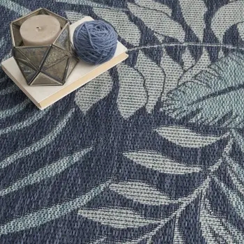 4' X 6' Navy Blue Sky Blue And Ivory Palm Leaf Indoor Outdoor Area Rug