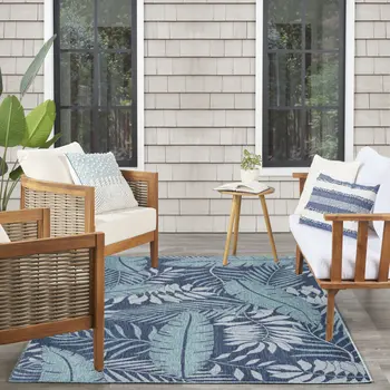 4' X 6' Navy Blue Sky Blue And Ivory Palm Leaf Indoor Outdoor Area Rug