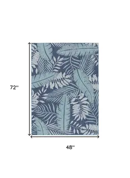 4' X 6' Navy Blue Sky Blue And Ivory Palm Leaf Indoor Outdoor Area Rug