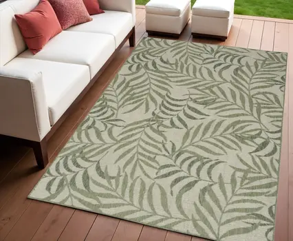 4' X 6' Ivory And Green Palm Leaf Indoor Outdoor Area Rug