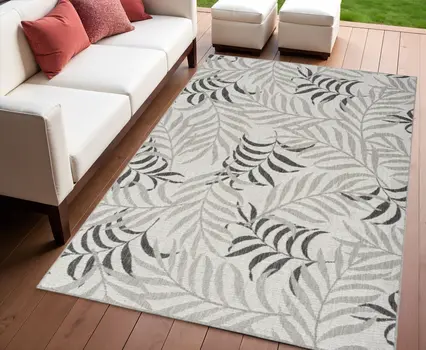 4' X 6' Gray Black And Ivory Palm Leaf Indoor Outdoor Area Rug