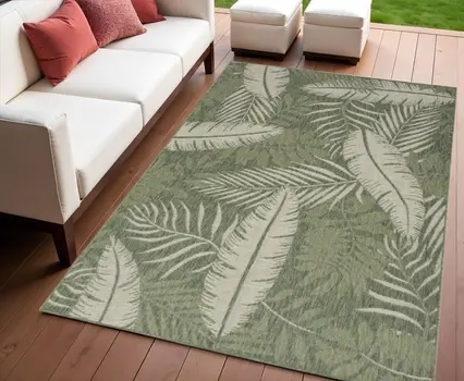 4' X 6' Ivory And Green Palm Leaf Indoor Outdoor Area Rug