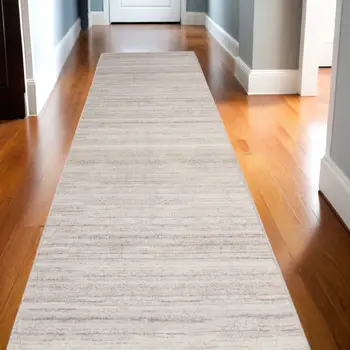 10' Ivory and Light Brown Abstract Washable Runner Rug
