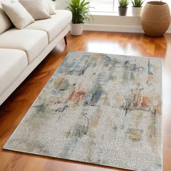 5' X 8' Ivory Blue and Gray Abstract Non Skid Area Rug