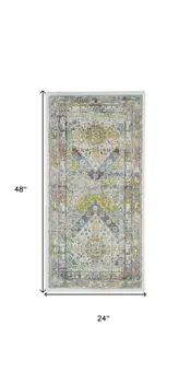 2' X 4' Ivory Blue and Green Floral Distressed Non Skid Area Rug