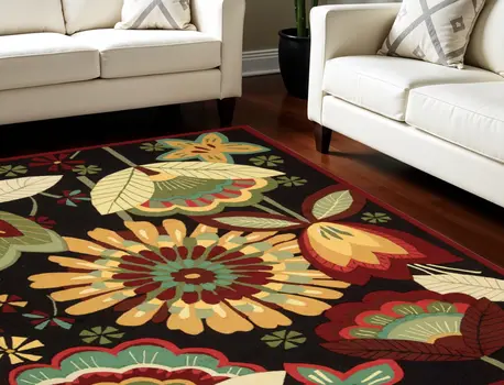 8' X 11' Black and Orange Floral Hand Carved Handmade Area Rug