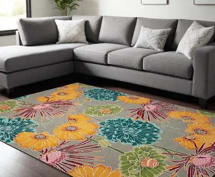 8' X 11' Gray Red and Yellow Floral Hand Carved Handmade Area Rug