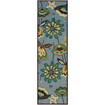 8' Blue Botanical Leaves Hand Carved Handmade Runner Rug