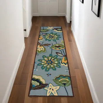 8' Blue Botanical Leaves Hand Carved Handmade Runner Rug