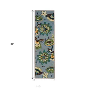 8' Blue Botanical Leaves Hand Carved Handmade Runner Rug