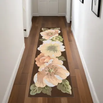 8' Brown and Green Botanical Leaves Hand Hooked Runner Rug