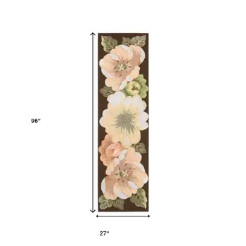 8' Brown and Green Botanical Leaves Hand Hooked Runner Rug