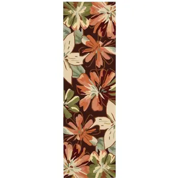 8' Tan and Dark Brown Botanical Leaves Hand Carved Handmade Runner Rug