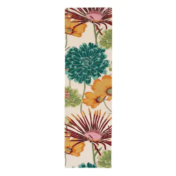 8' Ivory Red and Orange Floral Hand Carved Handmade Runner Rug
