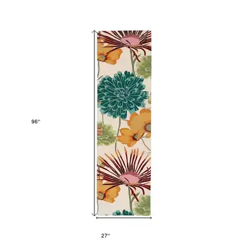 8' Ivory Red and Orange Floral Hand Carved Handmade Runner Rug