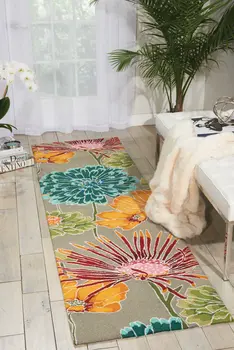 8' Gray and Orange Botanical Leaves Hand Carved Handmade Runner Rug