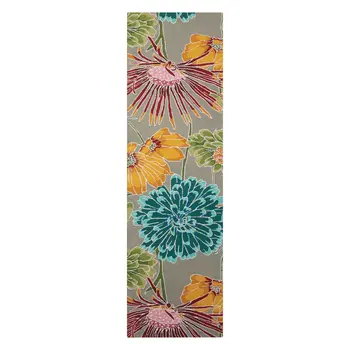 8' Gray and Orange Botanical Leaves Hand Carved Handmade Runner Rug