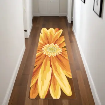 8' Brown Orange and Yellow Botanical Leaves Hand Carved Handmade Runner Rug