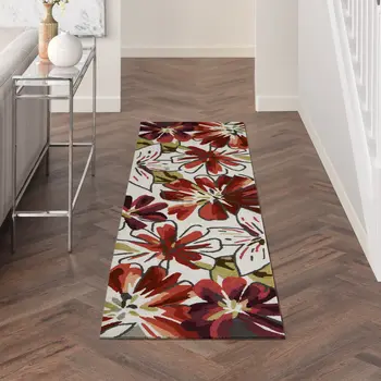 8' Ivory Green and Red Botanical Leaves Hand Carved Handmade Runner Rug