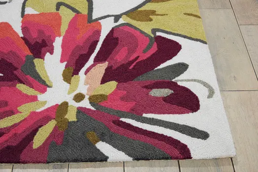 8' Ivory Green and Red Botanical Leaves Hand Carved Handmade Runner Rug