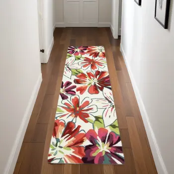 8' Ivory Green and Red Botanical Leaves Hand Carved Handmade Runner Rug