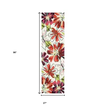 8' Ivory Green and Red Botanical Leaves Hand Carved Handmade Runner Rug