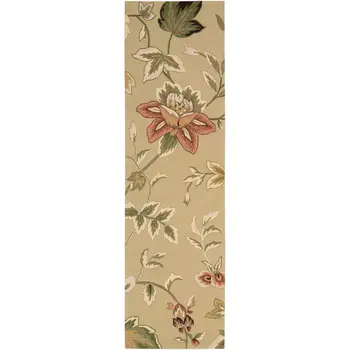 8' Beige and Red Botanical Leaves Hand Carved Handmade Runner Rug