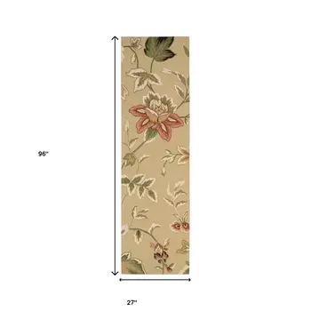 8' Beige and Red Botanical Leaves Hand Carved Handmade Runner Rug