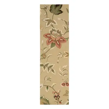 8' Beige and Red Botanical Leaves Hand Carved Handmade Runner Rug